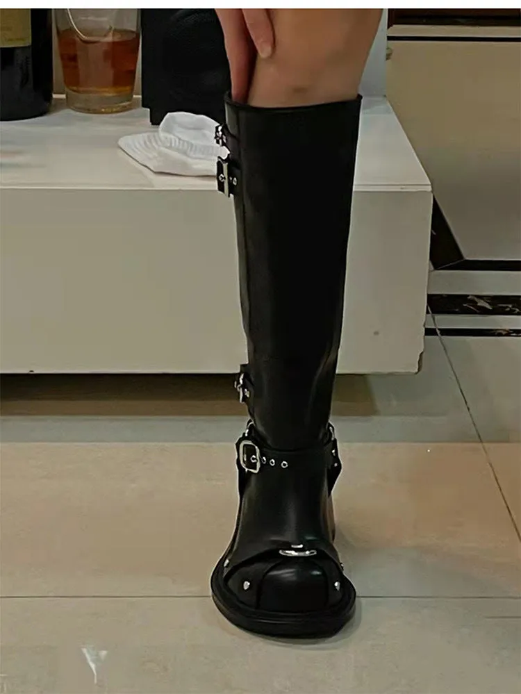 NEW & INSTOCK - Korean Style Skinny Locomotive Knight Boots Knee-High Belt Buckle High Boots