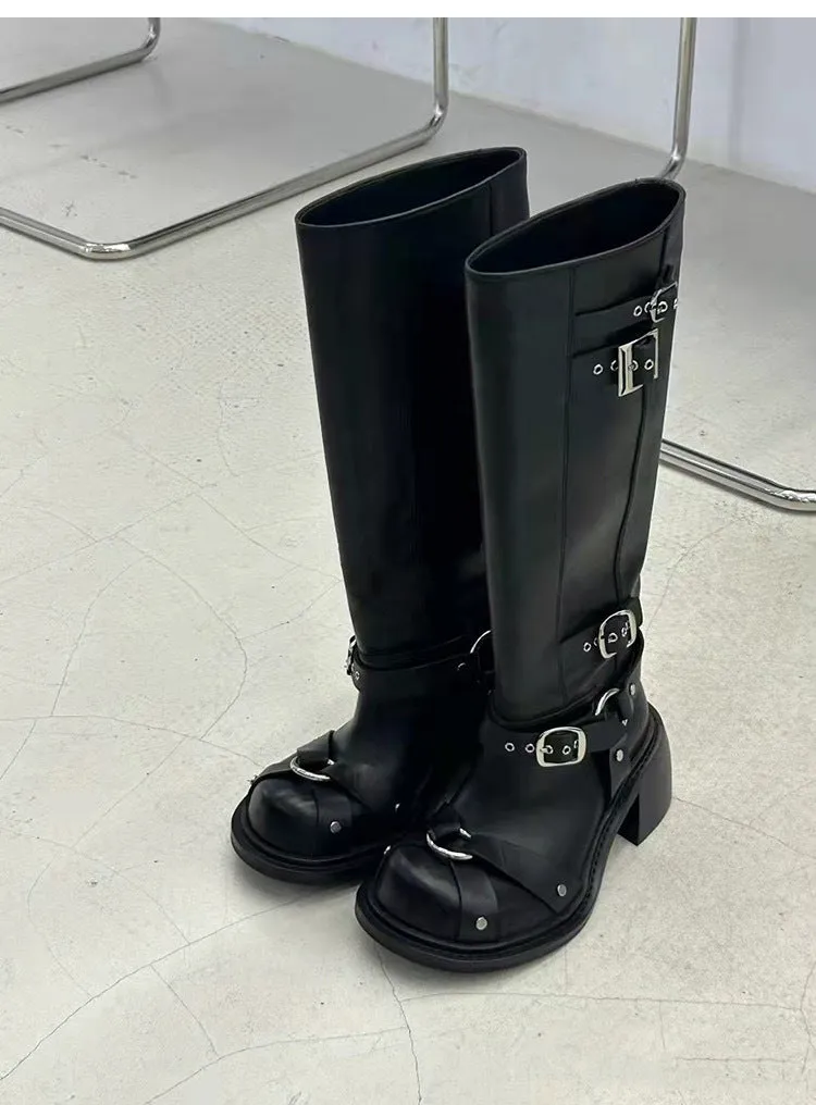 NEW & INSTOCK - Korean Style Skinny Locomotive Knight Boots Knee-High Belt Buckle High Boots