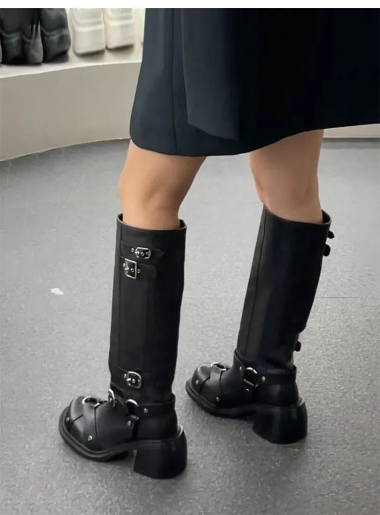 NEW & INSTOCK - Korean Style Skinny Locomotive Knight Boots Knee-High Belt Buckle High Boots