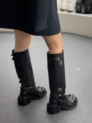 NEW & INSTOCK - Korean Style Skinny Locomotive Knight Boots Knee-High Belt Buckle High Boots