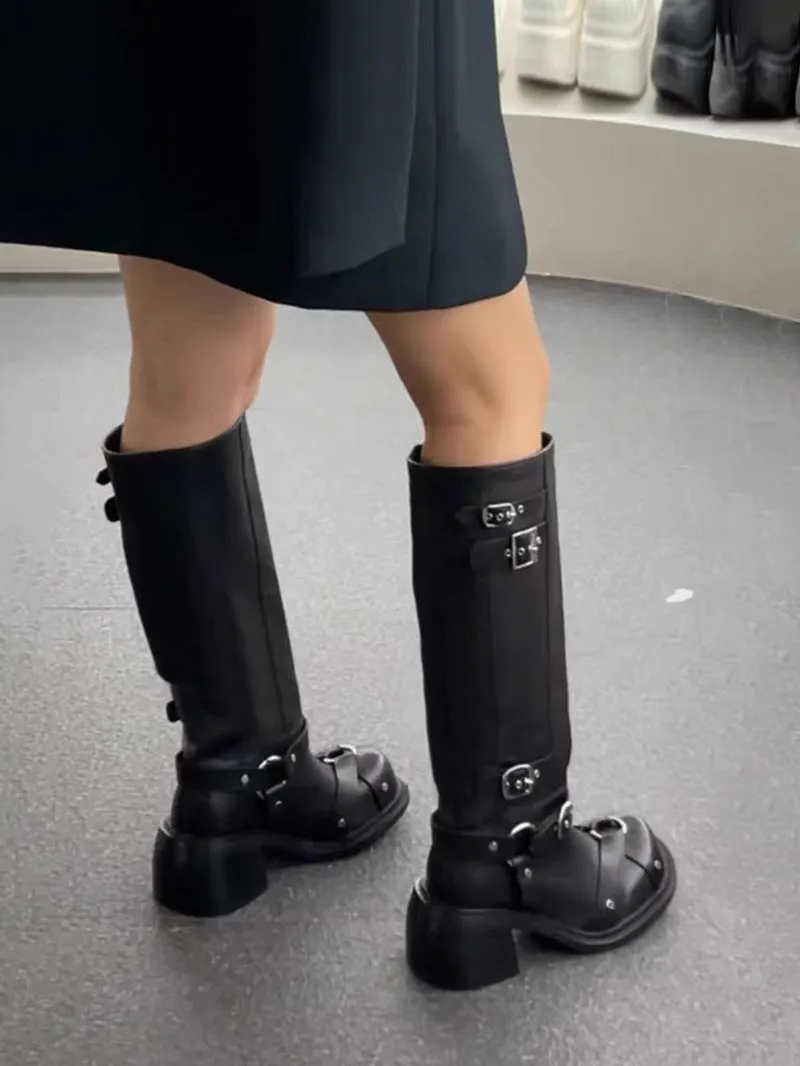NEW & INSTOCK - Korean Style Skinny Locomotive Knight Boots Knee-High Belt Buckle High Boots