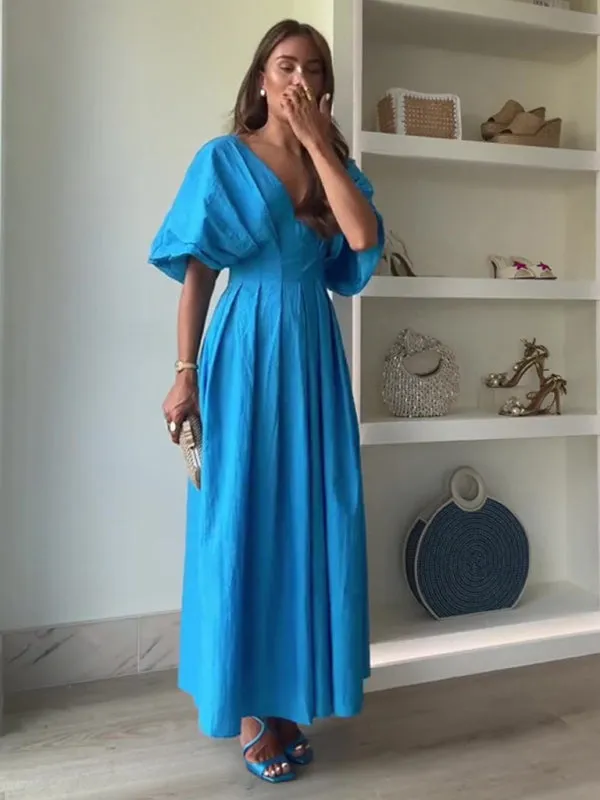 New Blue V-neck Pleated Maxi Dress Loose Elegant Dress
