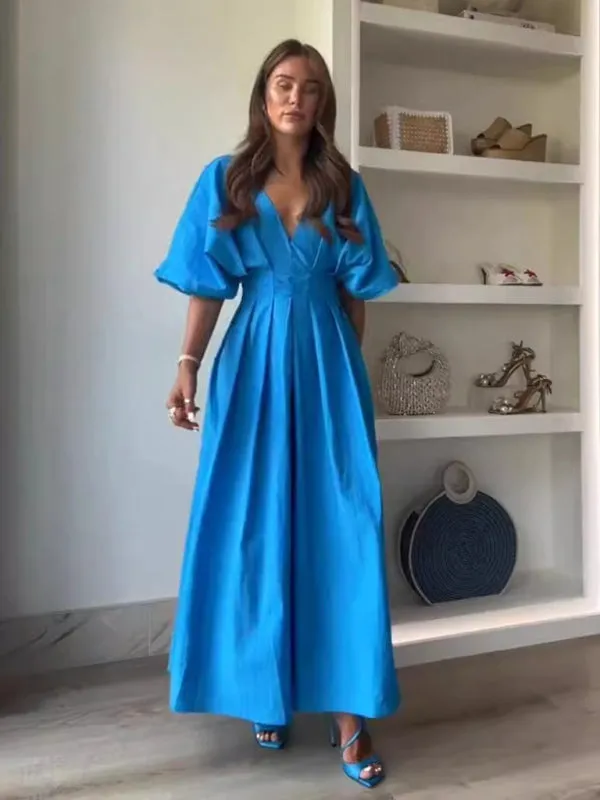 New Blue V-neck Pleated Maxi Dress Loose Elegant Dress