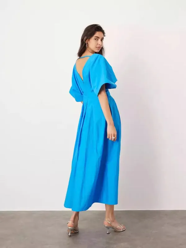 New Blue V-neck Pleated Maxi Dress Loose Elegant Dress