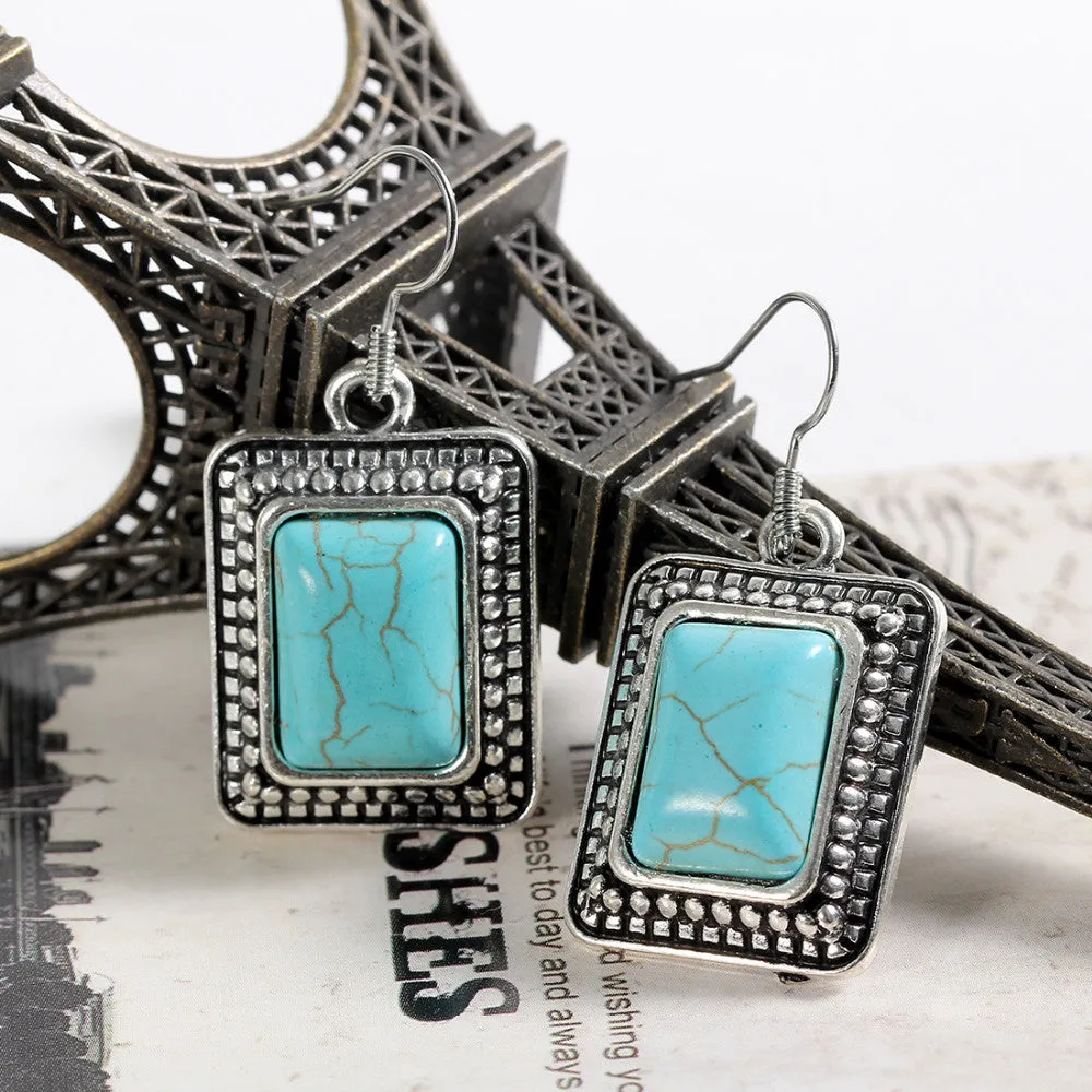 New Fashion Simple Geometric square blue gem Bohemia Retro big Turquoise earrings for women Drop Earring