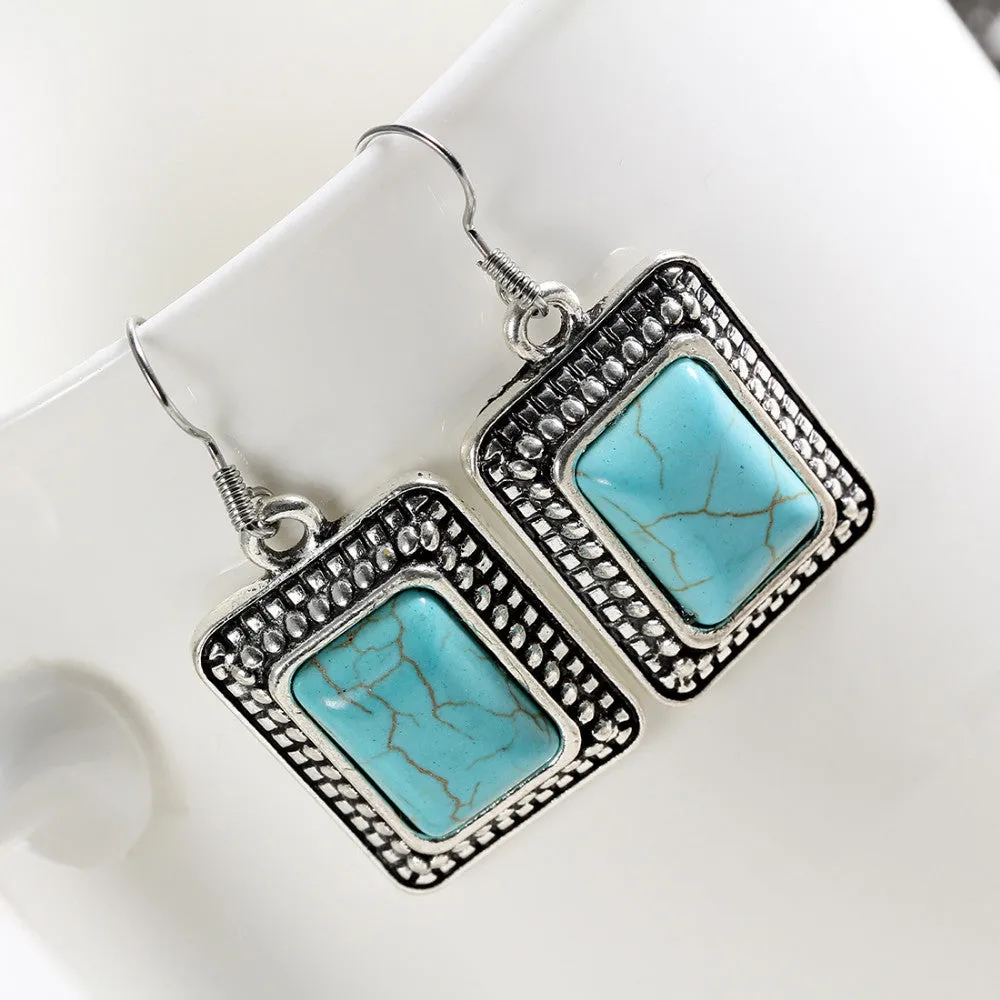 New Fashion Simple Geometric square blue gem Bohemia Retro big Turquoise earrings for women Drop Earring