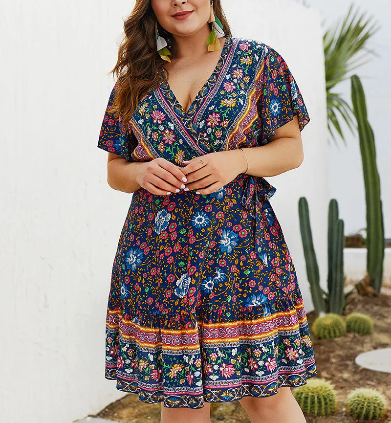 New V-neck Print Large Size Dress