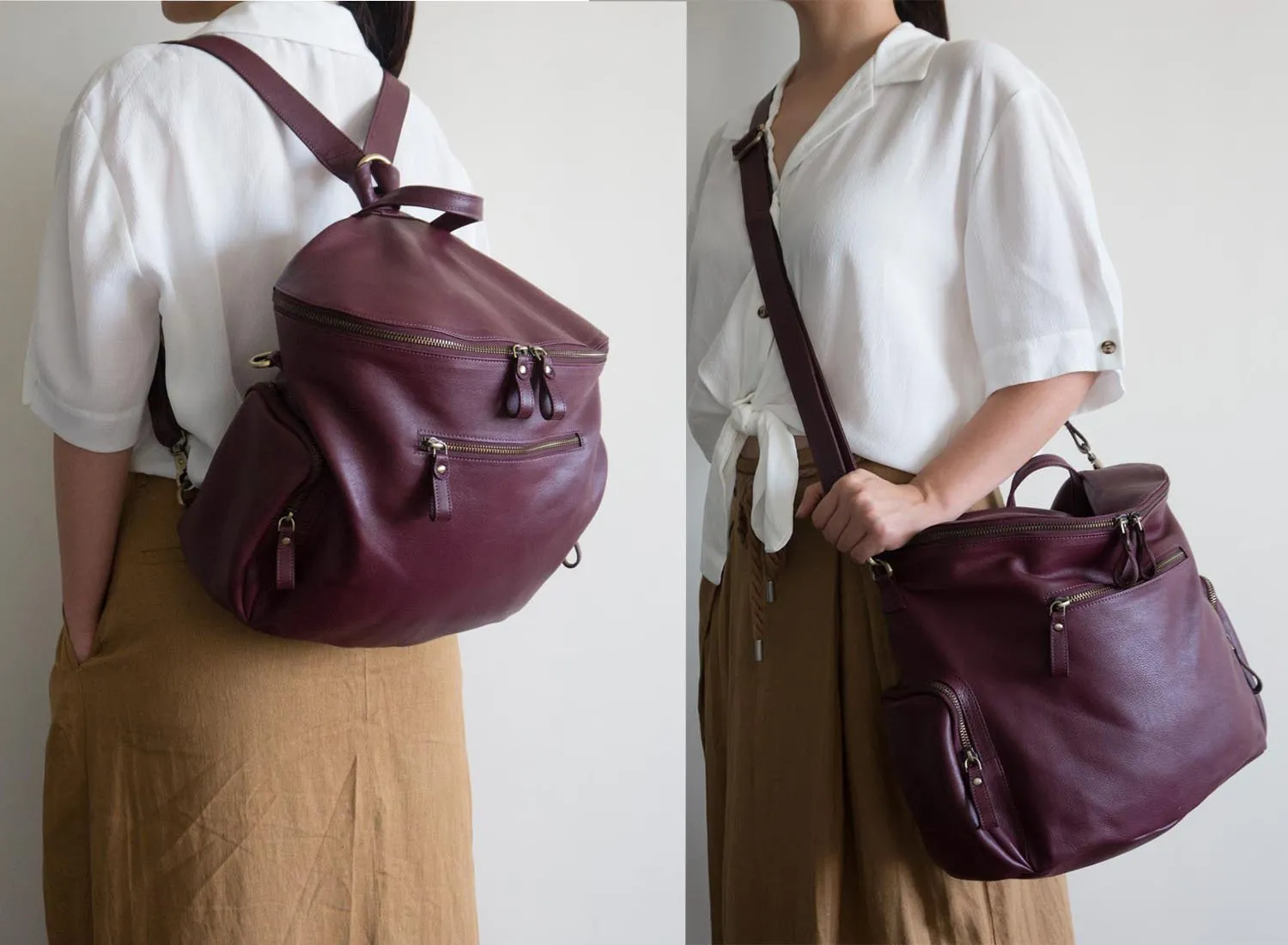 Noa Leather Bucket Backpack in Eggplant