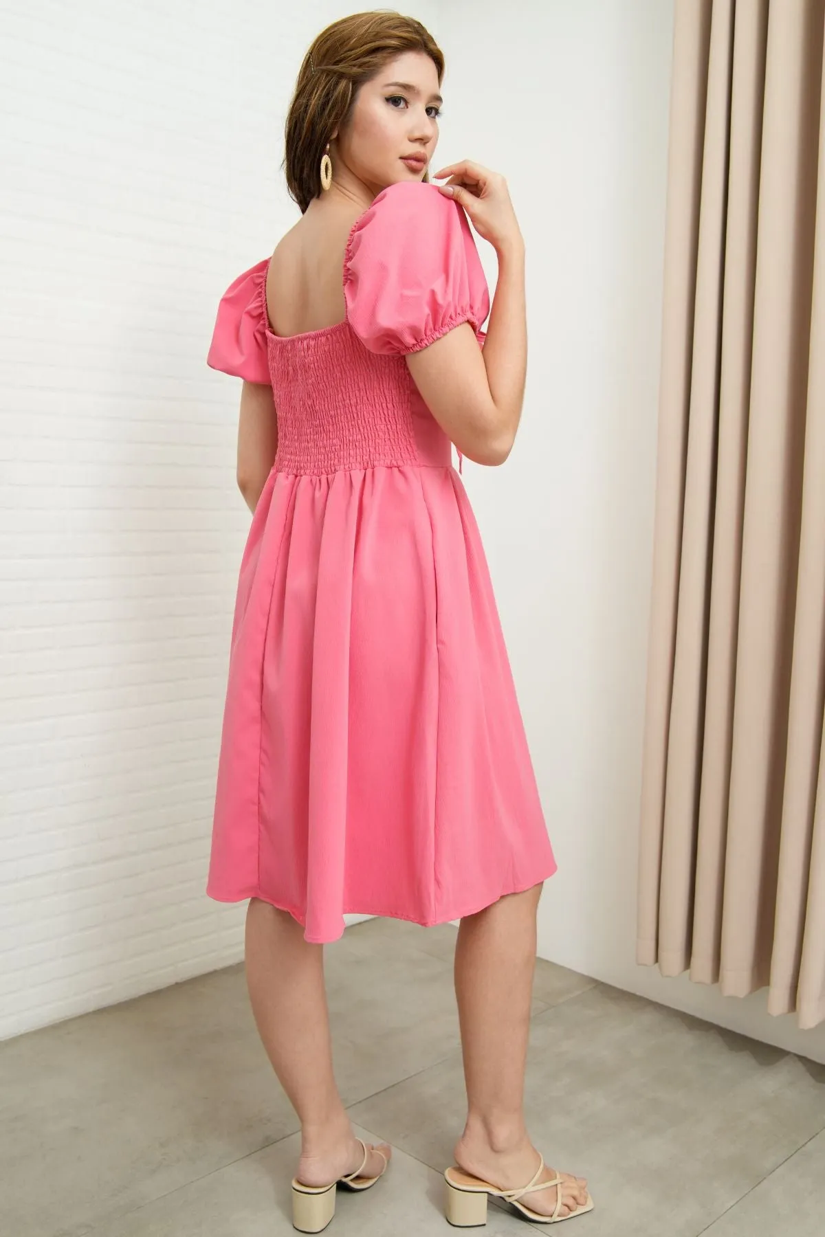 ODESSA Puff-Sleeve Padded Dress (Flamingo Pink)