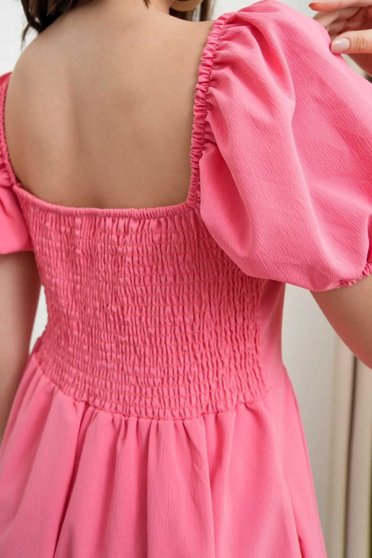 ODESSA Puff-Sleeve Padded Dress (Flamingo Pink)