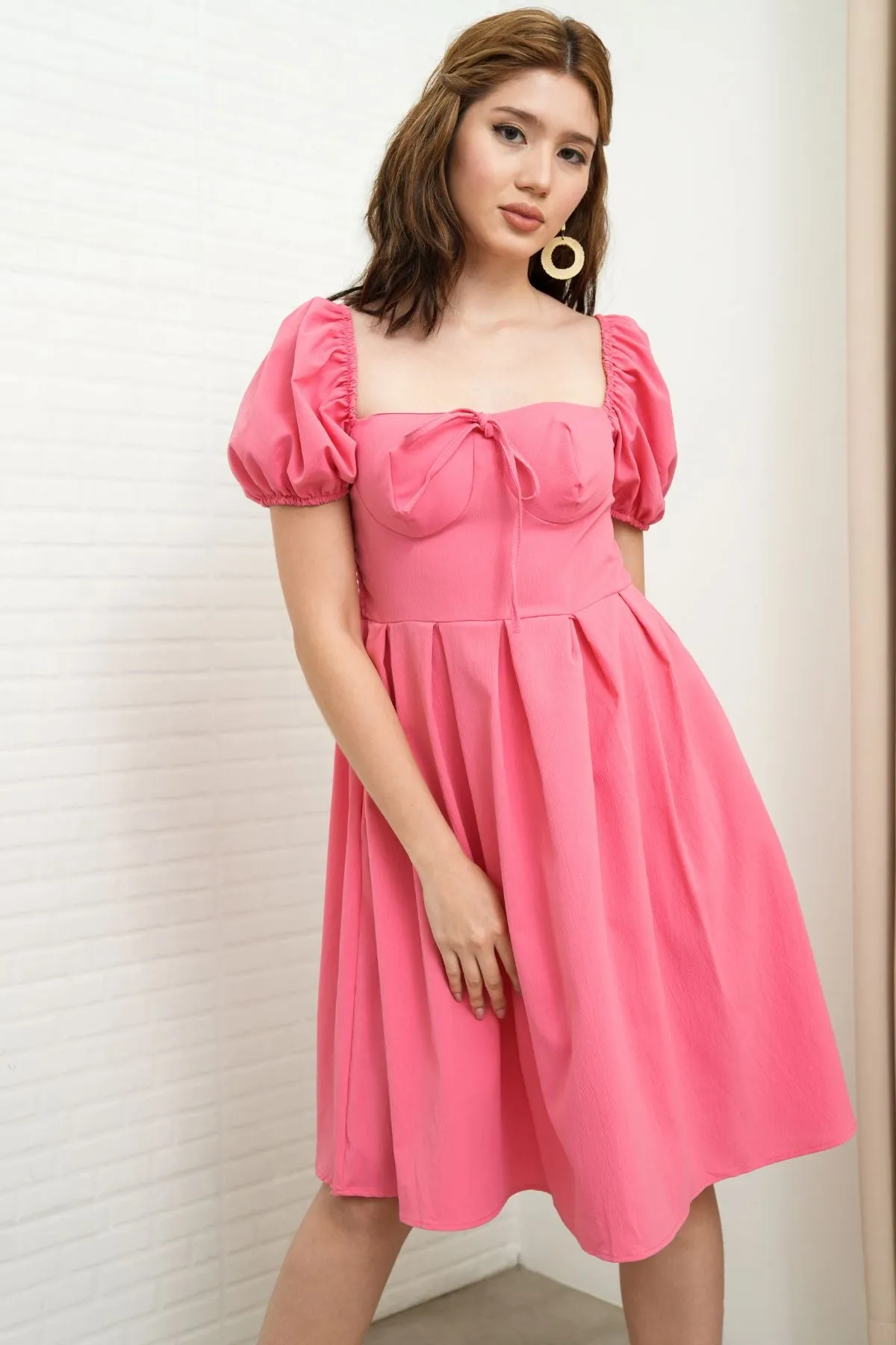 ODESSA Puff-Sleeve Padded Dress (Flamingo Pink)