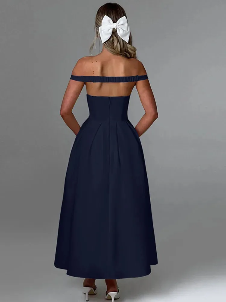 Off-shoulder Backless Pleated Maxi Dress Women Fashion Strapless Sleeveless High Waist A-line Club Long Dress Elegant