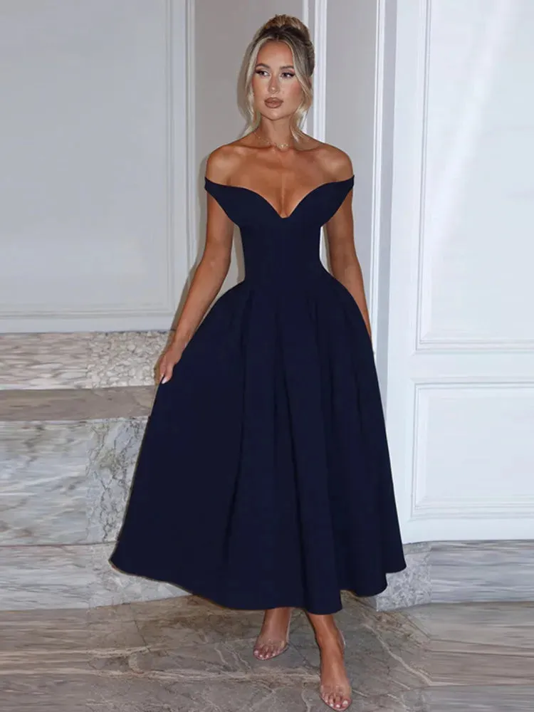 Off-shoulder Backless Pleated Maxi Dress Women Fashion Strapless Sleeveless High Waist A-line Club Long Dress Elegant