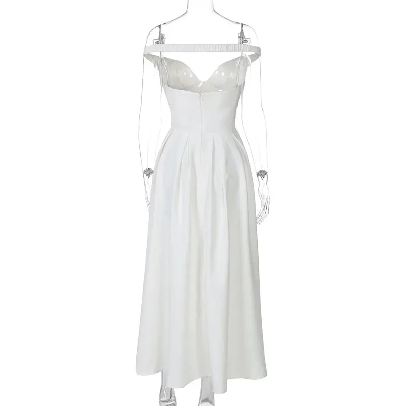 Off-shoulder Backless Pleated Maxi Dress Women Fashion Strapless Sleeveless High Waist A-line Club Long Dress Elegant