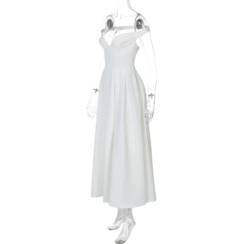Off-shoulder Backless Pleated Maxi Dress Women Fashion Strapless Sleeveless High Waist A-line Club Long Dress Elegant