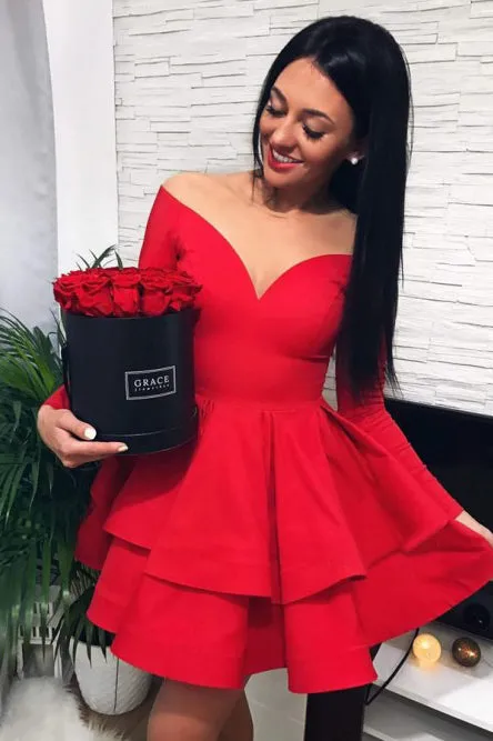 Off the Shoulder V-neck Tiered Red Satin Homecoming Dress Long Sleeves OHM060