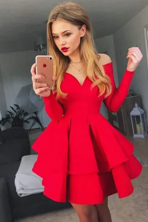 Off the Shoulder V-neck Tiered Red Satin Homecoming Dress Long Sleeves OHM060