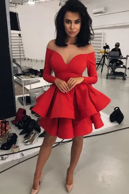 Off the Shoulder V-neck Tiered Red Satin Homecoming Dress Long Sleeves OHM060