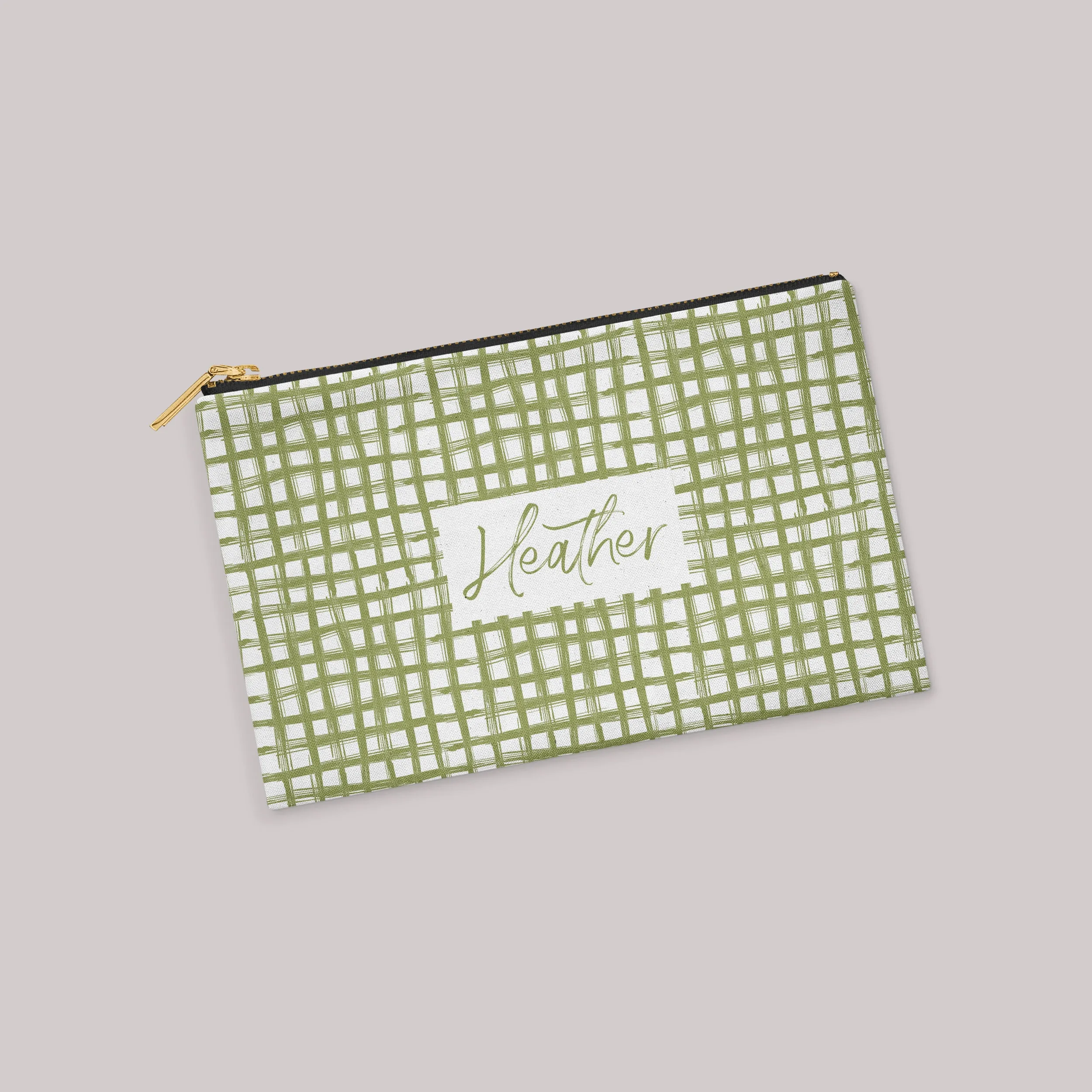 Olive Brushstroke Plaid Personalized Zipper Pouch