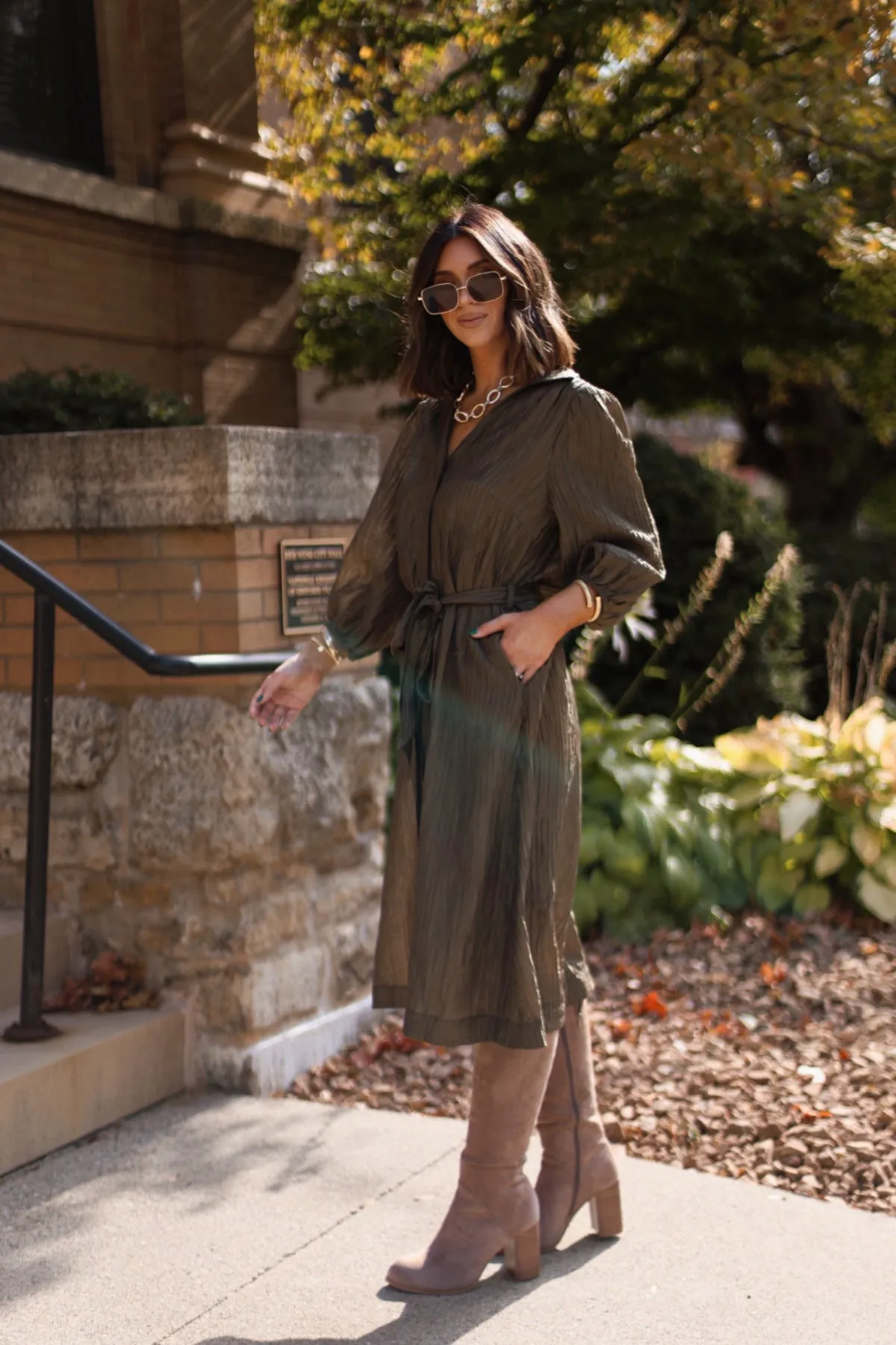 Olive Button Down Belted Midi Dress-FINAL SALE