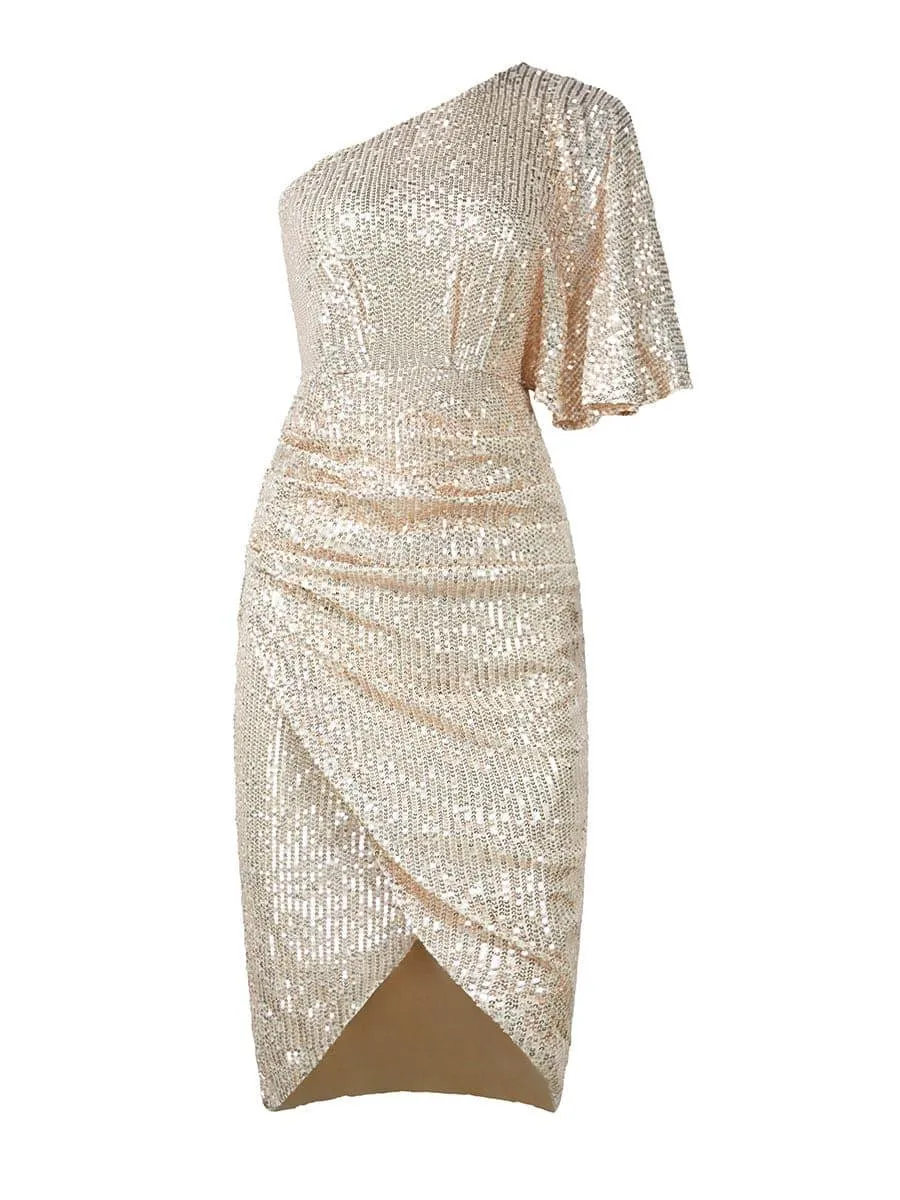 One Shoulder Sequin Midi Cocktail Dress XH2024