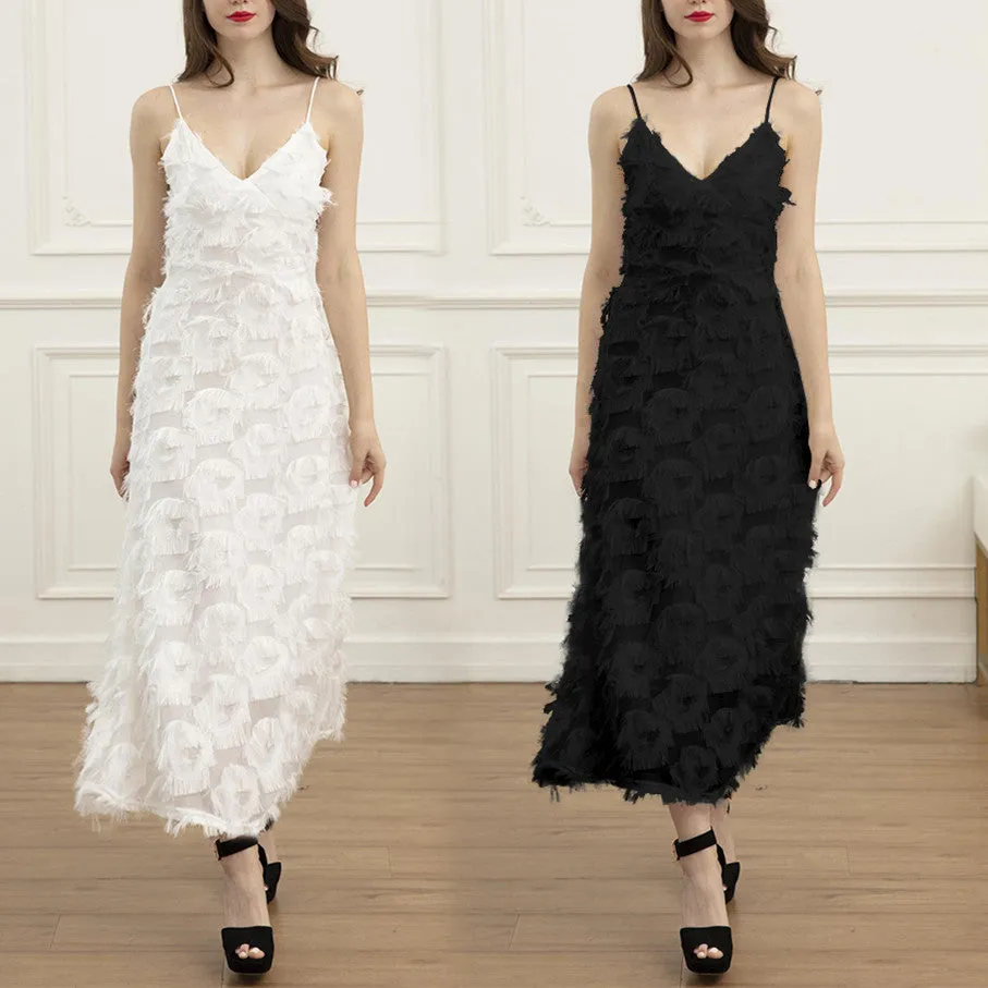 Open Back Feather Lace Party Maxi Dress