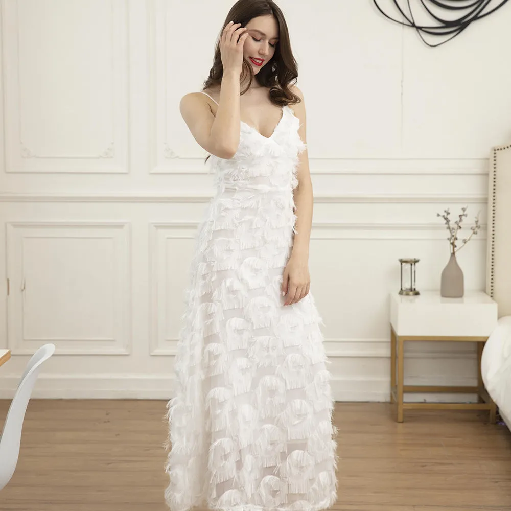 Open Back Feather Lace Party Maxi Dress