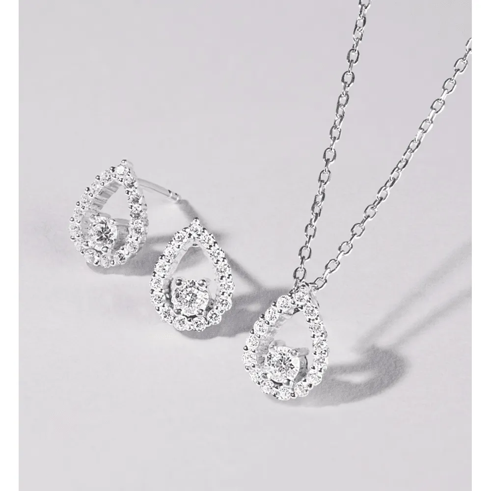 Open Pear Halo Stud Jewellery Set with Cubic Zirconia and Sterling Silver