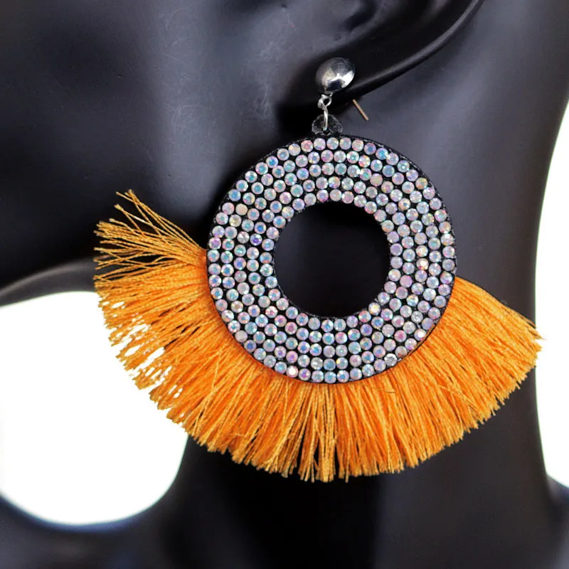 Orange Large Tassel Fan Rhinestone Earrings