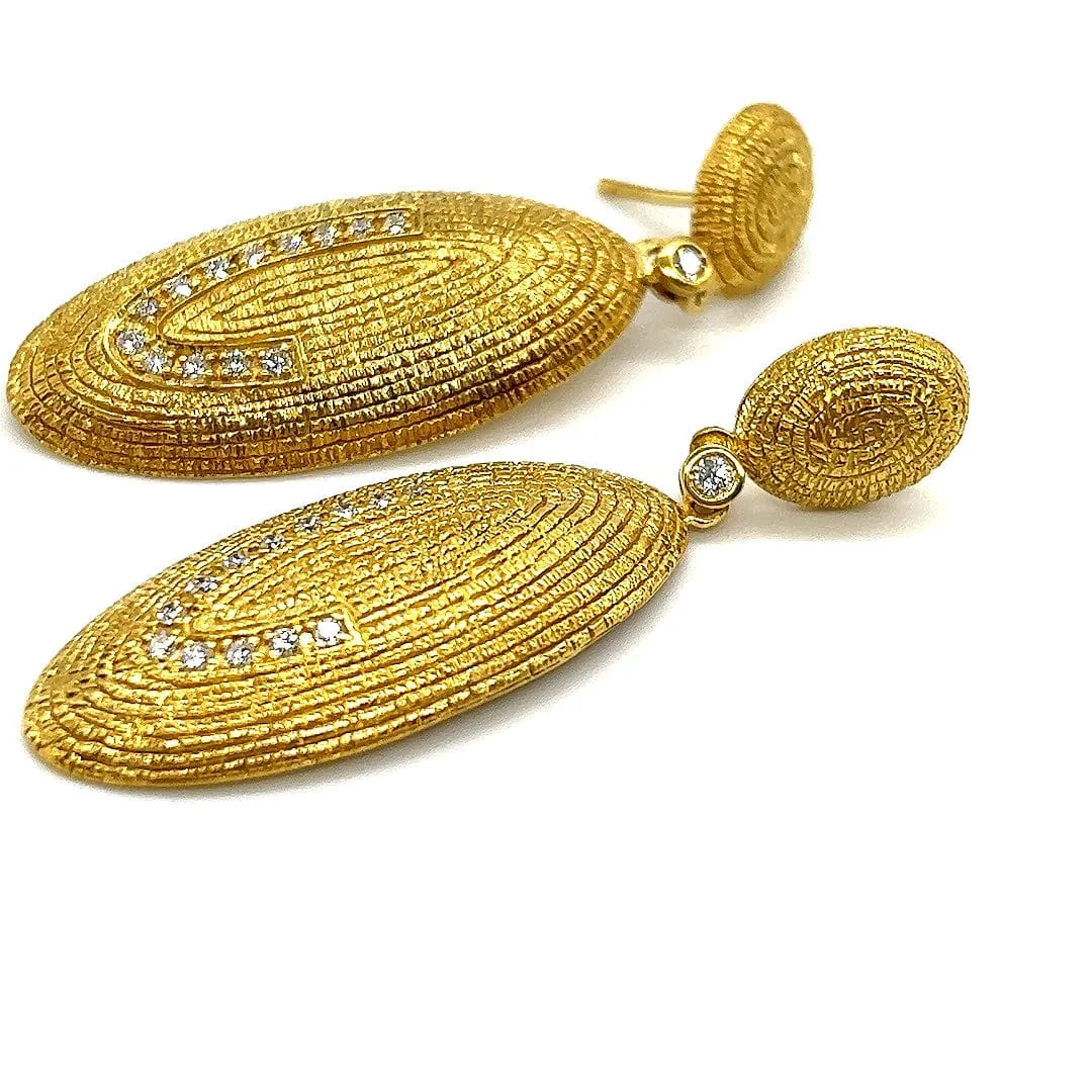 Oval Hammered Wire Drop Earring with Diamonds in 20K Yellow Gold