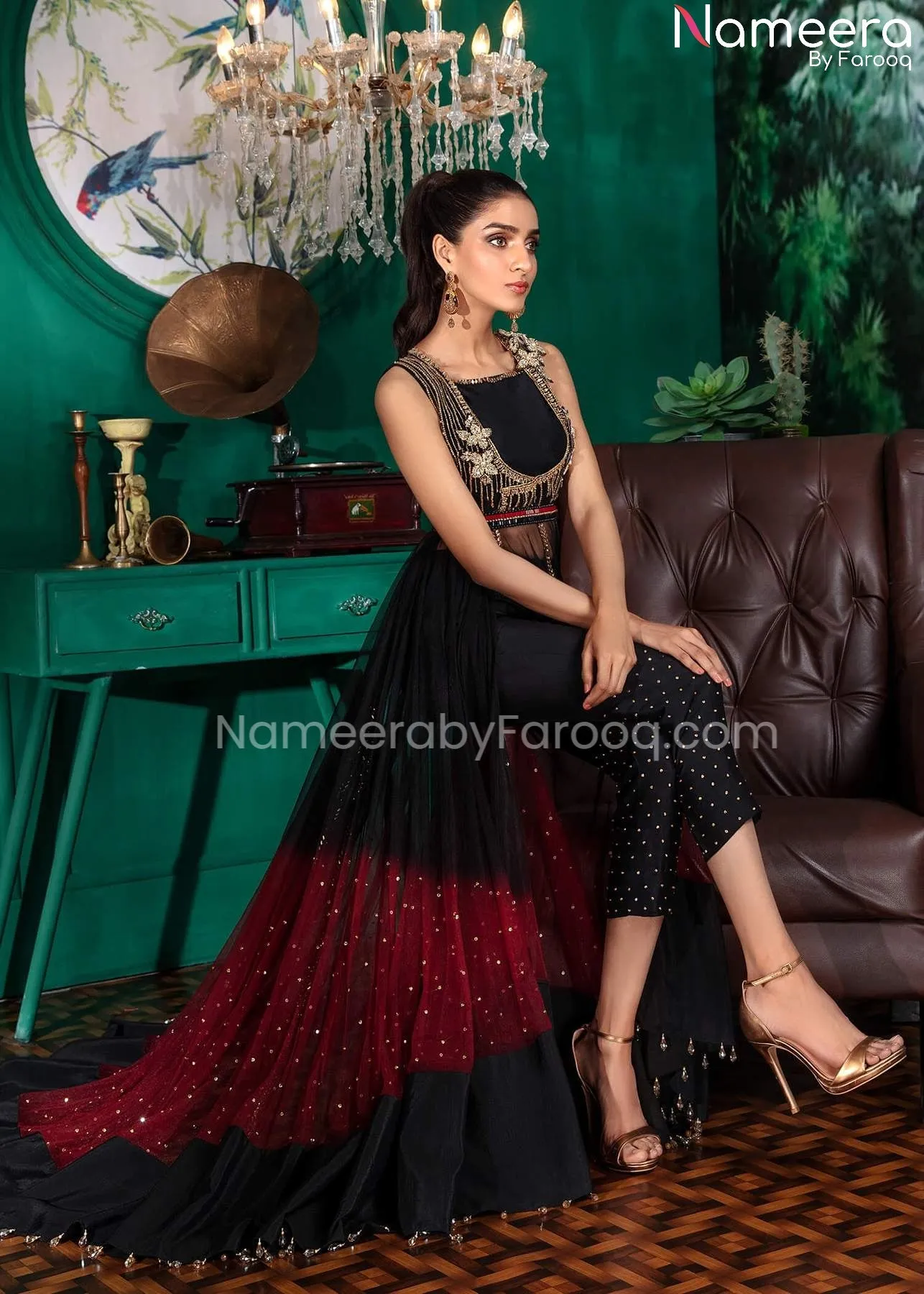 Pakistani Wedding Net Maxi Dress in Red Black #WN15