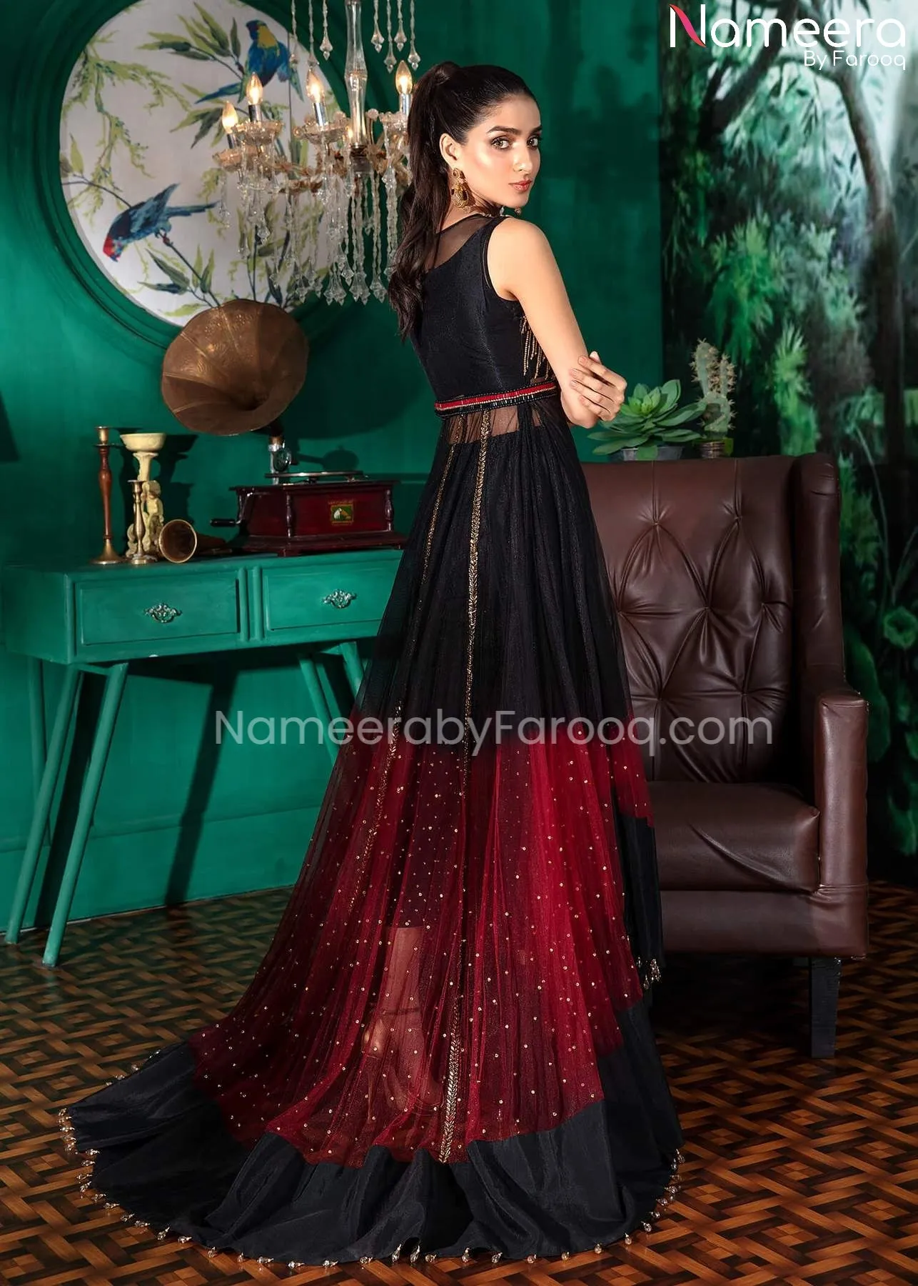 Pakistani Wedding Net Maxi Dress in Red Black #WN15
