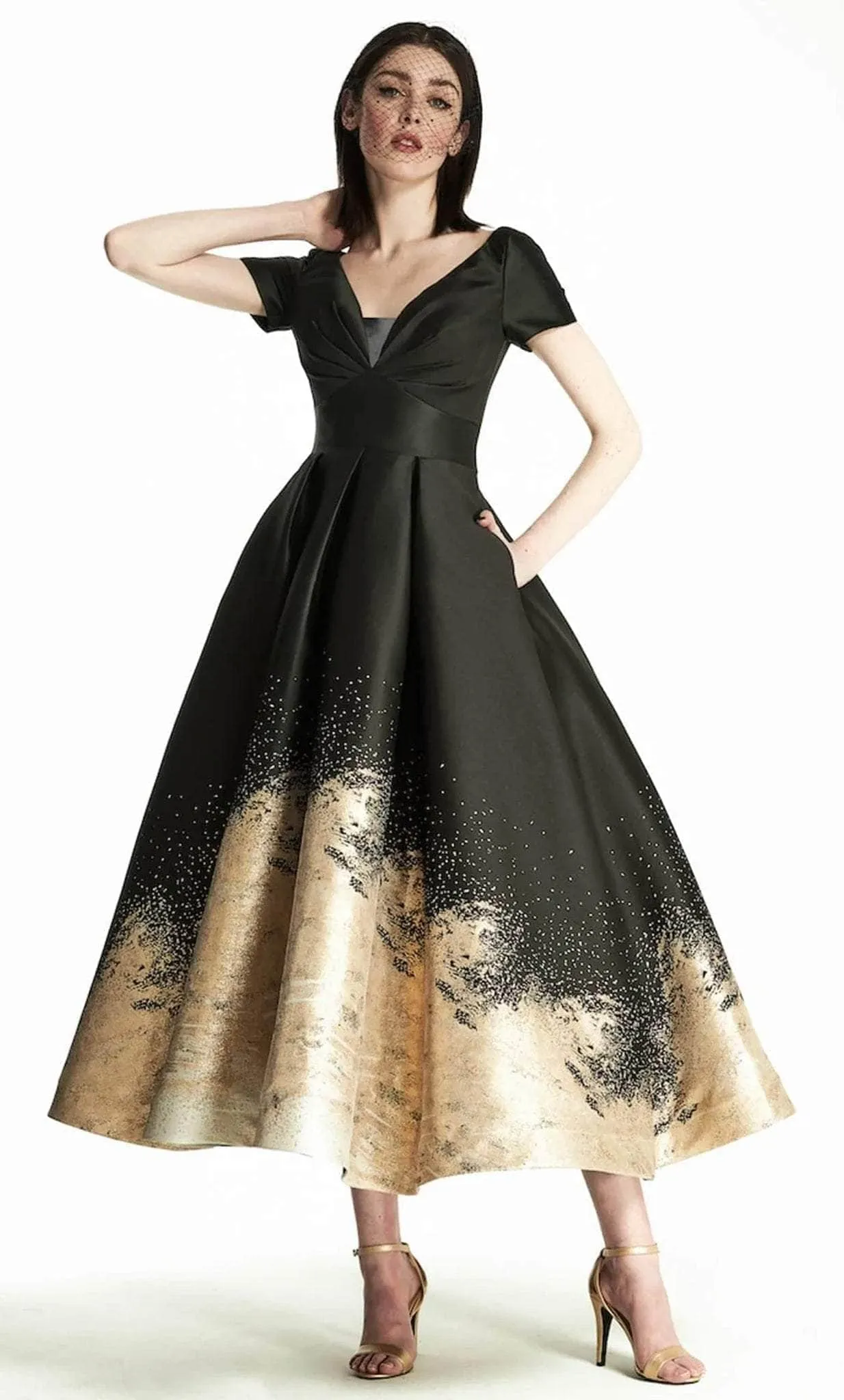 Park 108 M443 -  Pleated Deep V-Neck Gown
