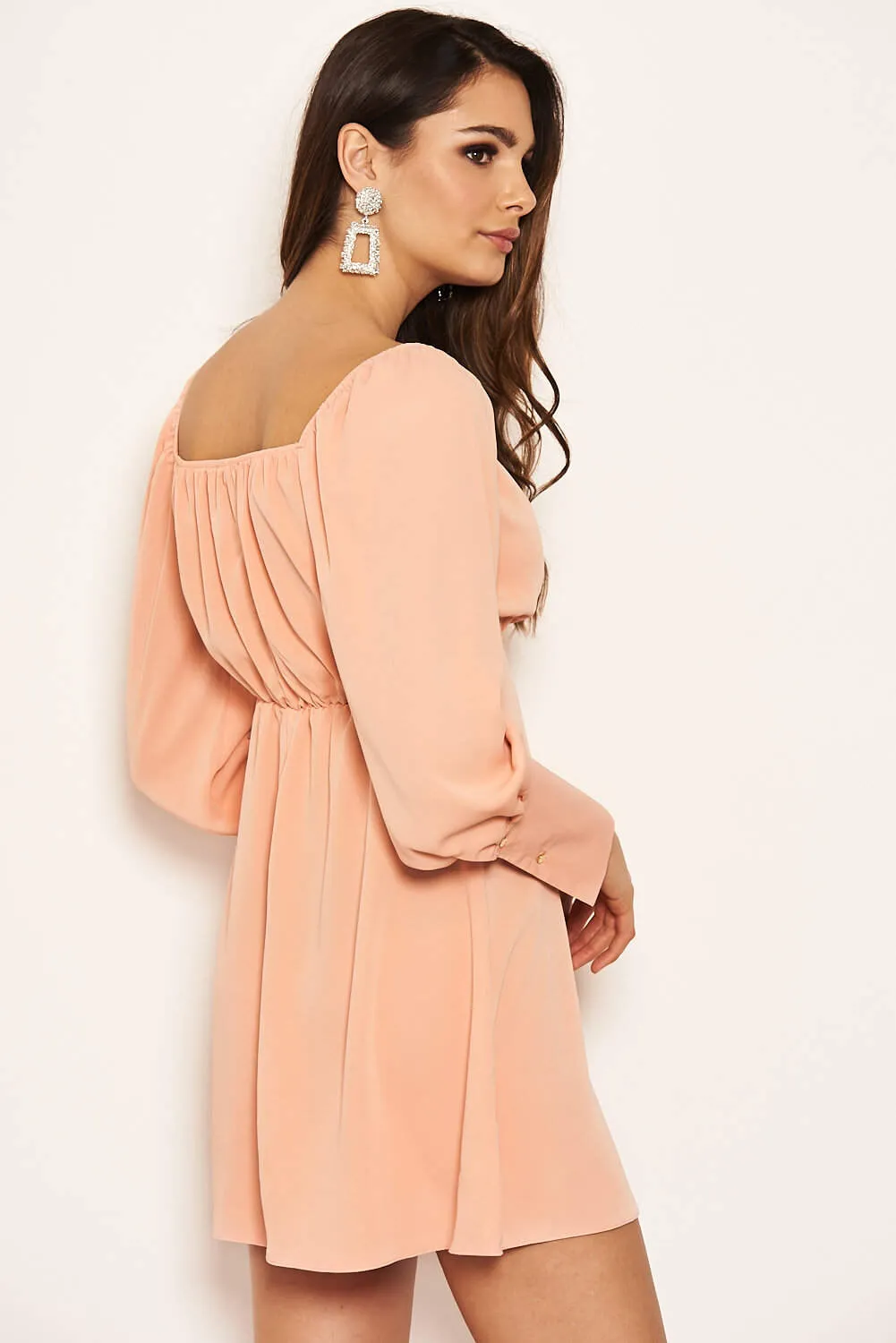 Peach Tie Neckline Long Sleeve Dress