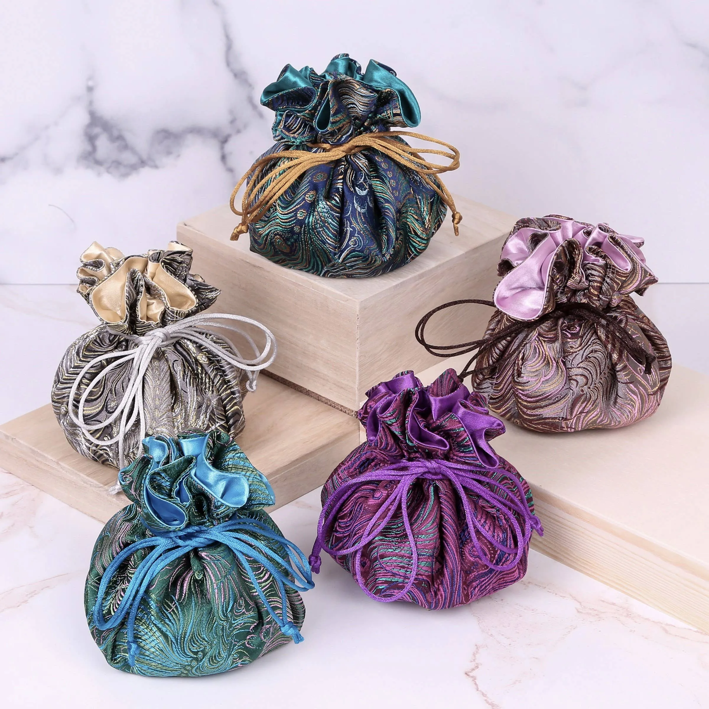 Peacock Feather Prints, Brocade Jewelry Pouch, Jewelry Bags