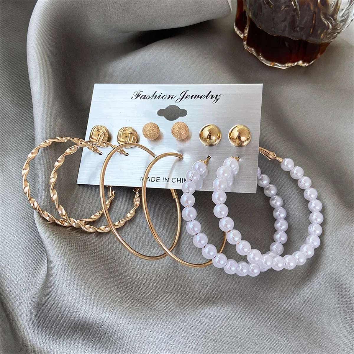 Pearl & 18K Gold-Plated Frosted Twisted Hoop Earring Set