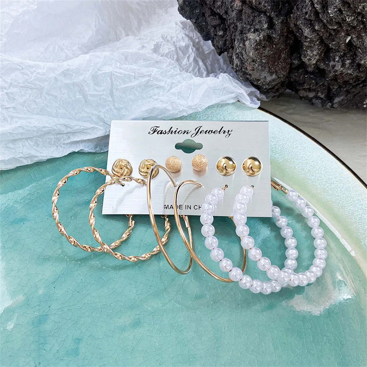 Pearl & 18K Gold-Plated Frosted Twisted Hoop Earring Set