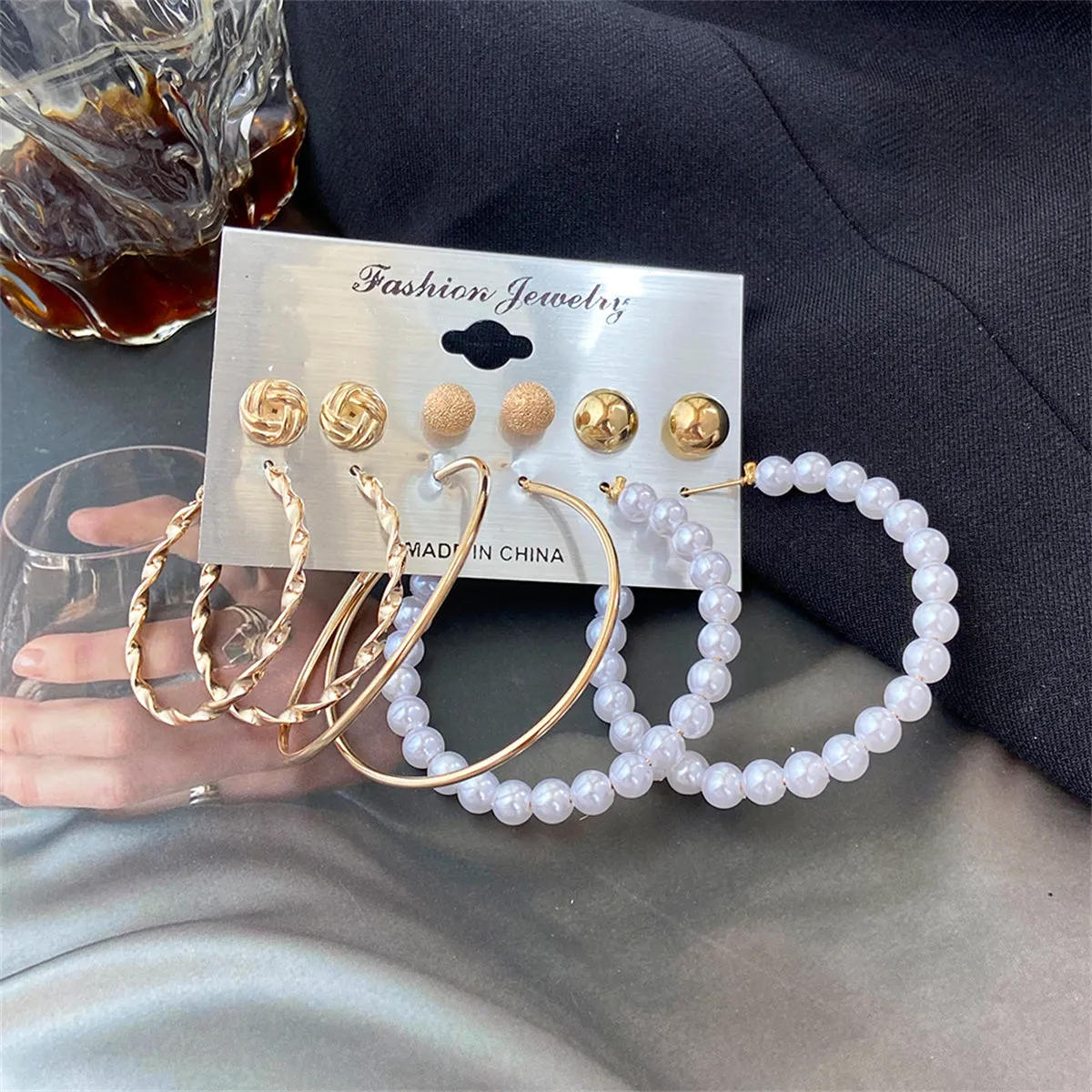 Pearl & 18K Gold-Plated Frosted Twisted Hoop Earring Set