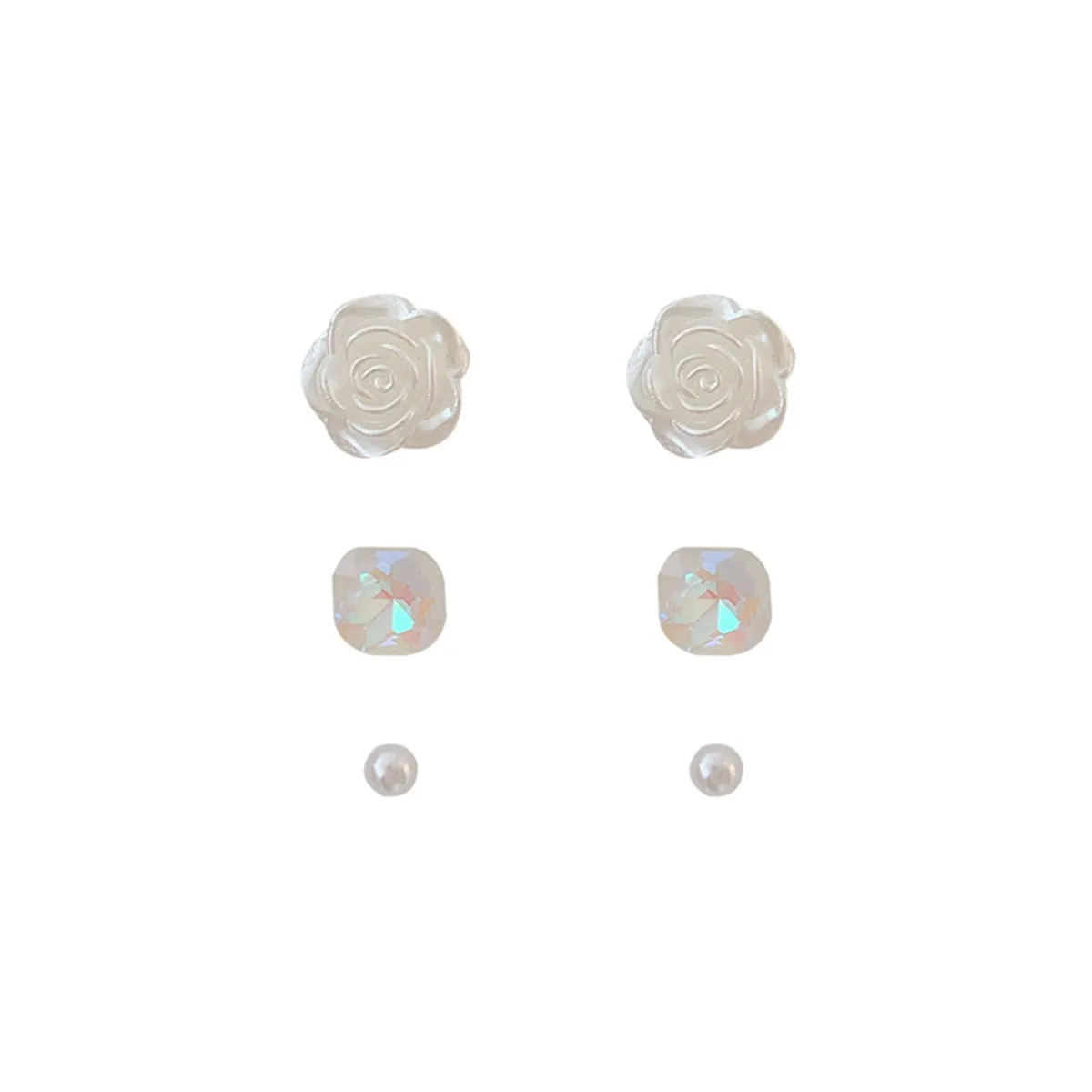 Pearl & Crystal Rose Stud Earrings Set