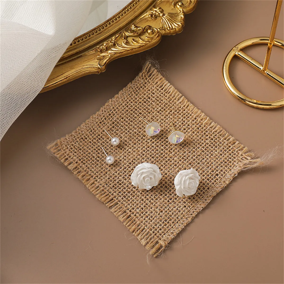 Pearl & Crystal Rose Stud Earrings Set