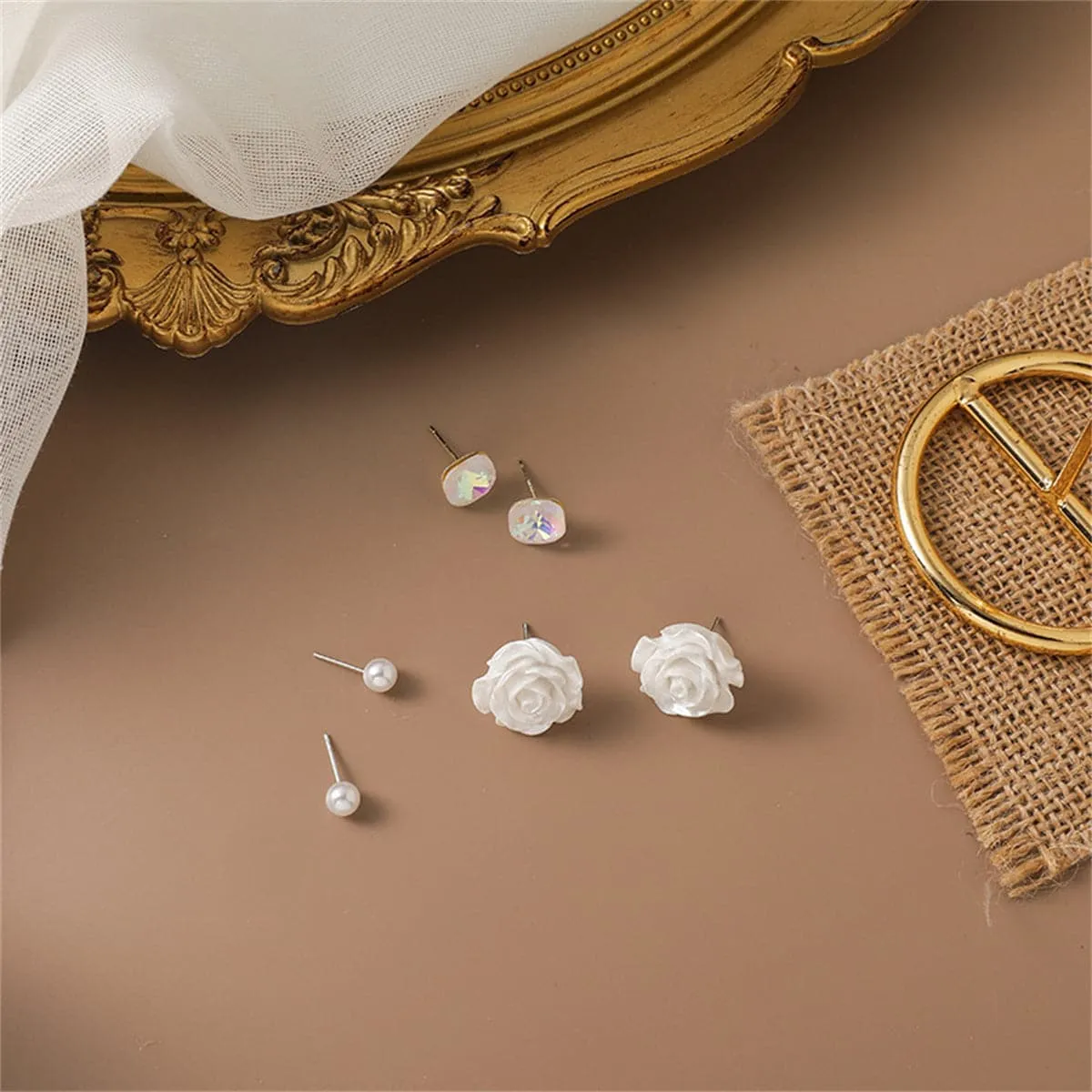 Pearl & Crystal Rose Stud Earrings Set