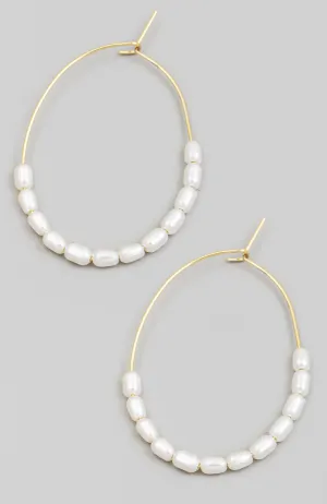Pearl Beaded Wire Oval Hoop Earrings