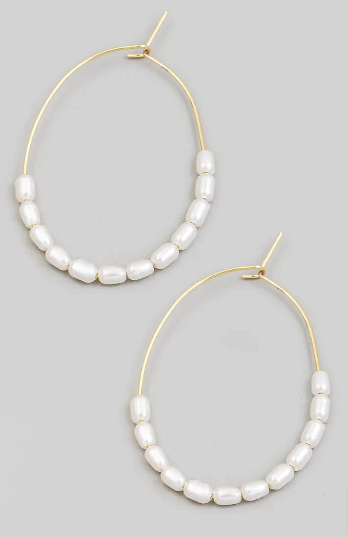 Pearl Beaded Wire Oval Hoop Earrings