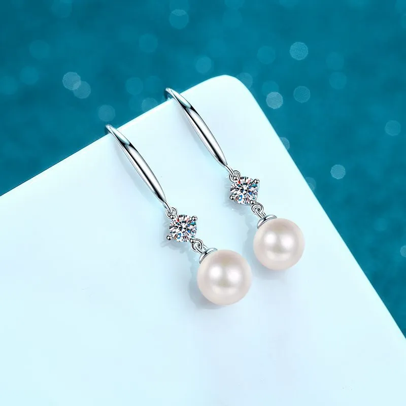 Pearl Moissanite Hook Earrings, Dangle Earrings-EM023
