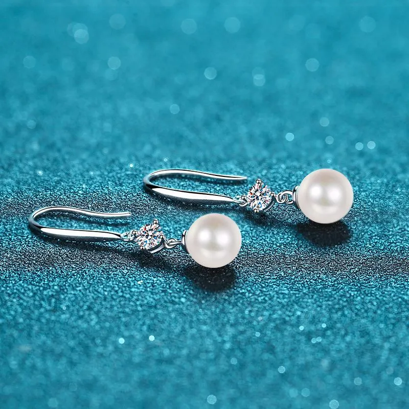 Pearl Moissanite Hook Earrings, Dangle Earrings-EM023