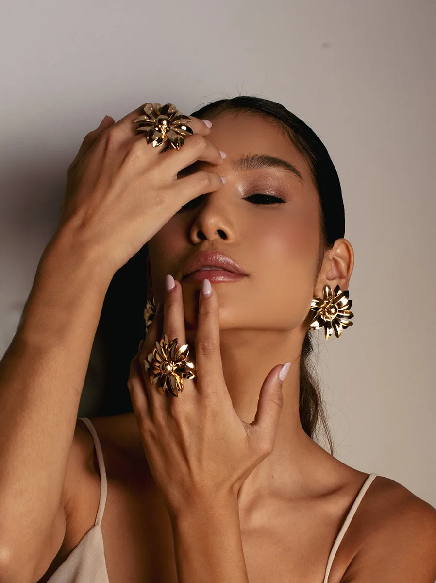 Petal Bloom Statement Earrings – Hypoallergenic Brass, Floral Design