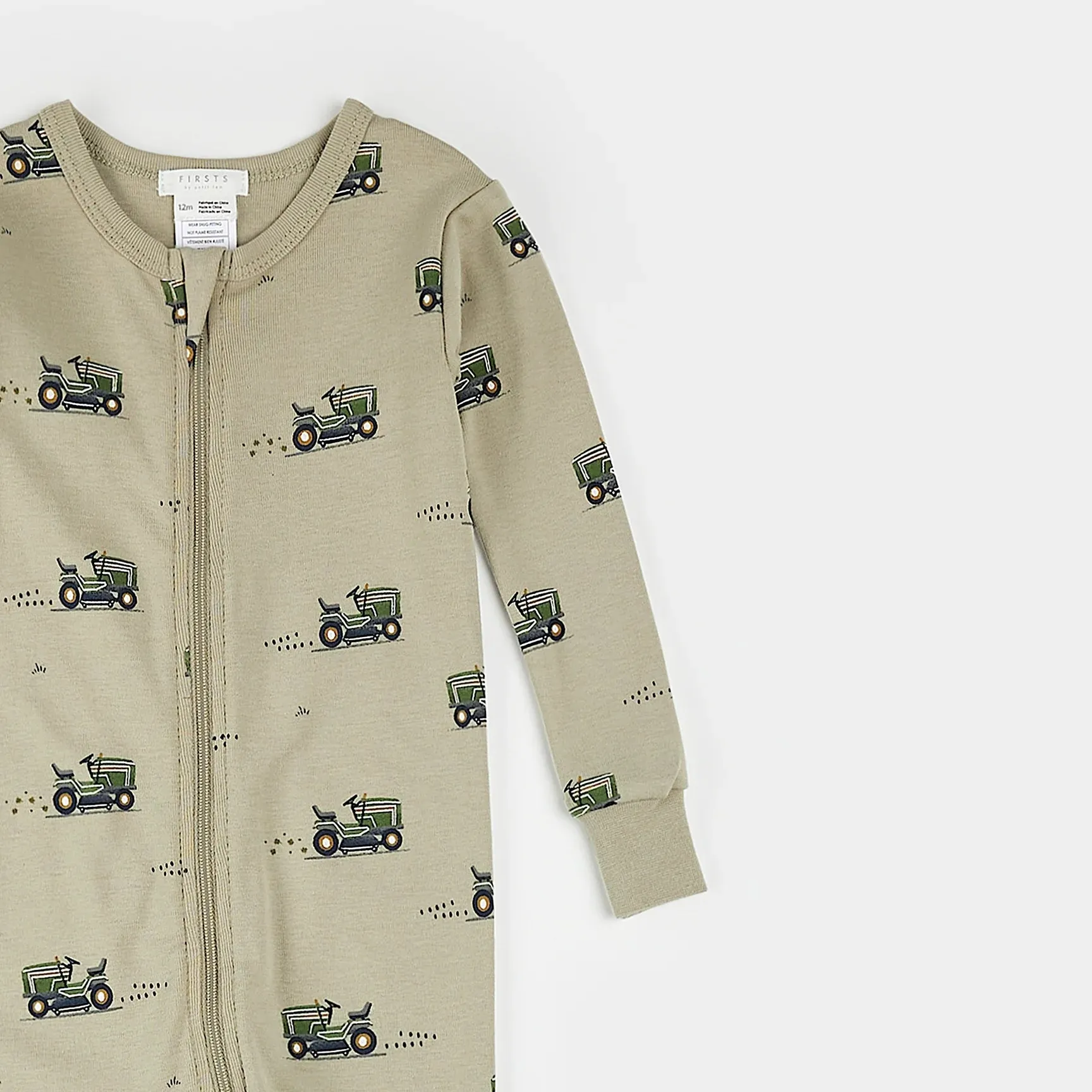 Petit Lem Firsts Baby Lawnmower Print on Tea Green Convertible Sleeper