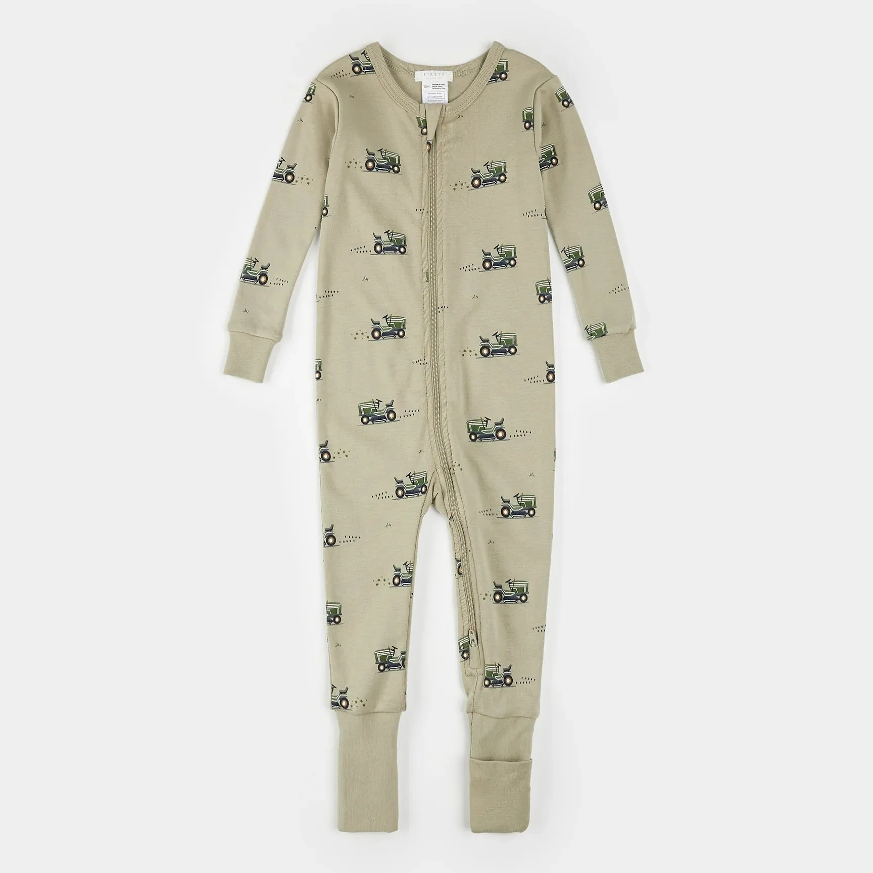Petit Lem Firsts Baby Lawnmower Print on Tea Green Convertible Sleeper