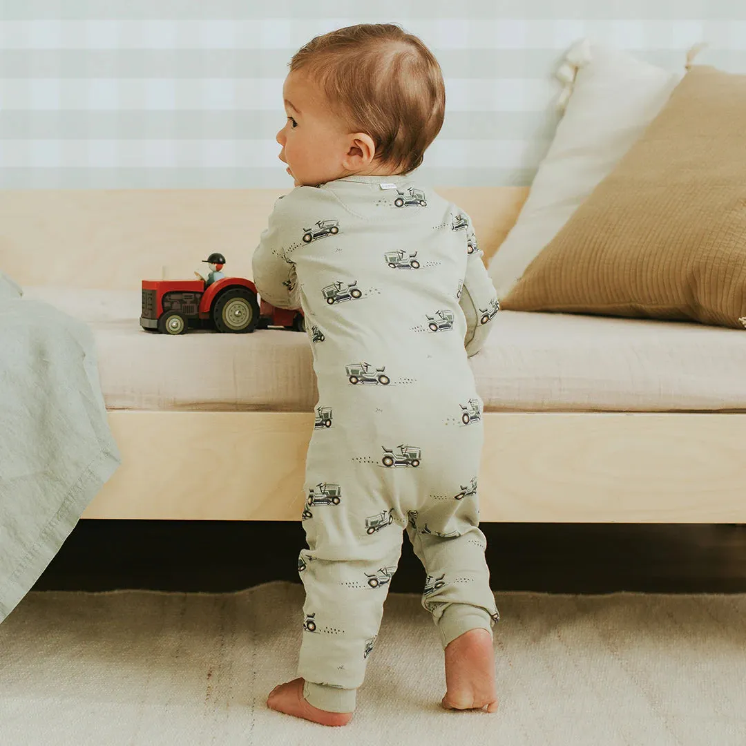 Petit Lem Firsts Baby Lawnmower Print on Tea Green Convertible Sleeper