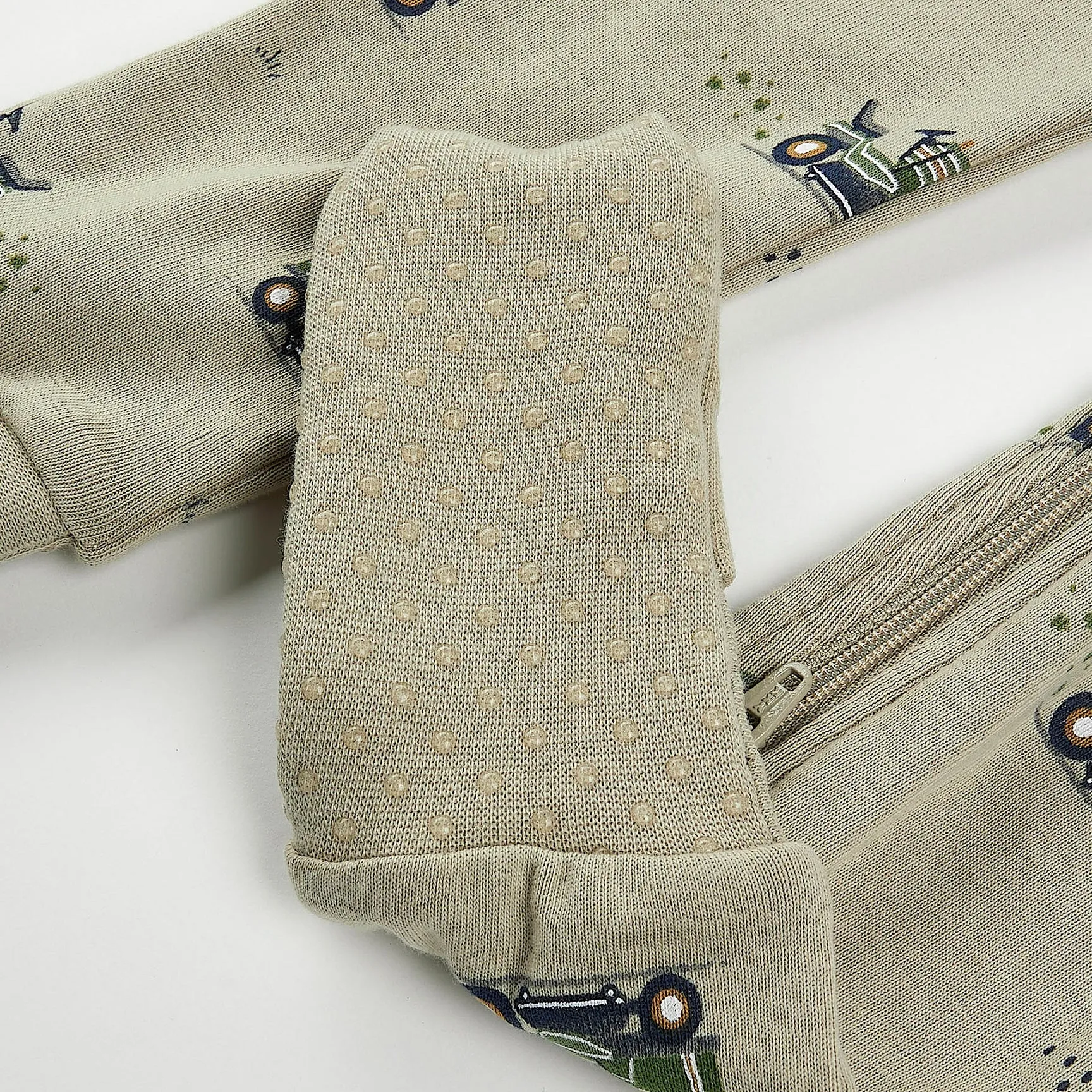 Petit Lem Firsts Baby Lawnmower Print on Tea Green Convertible Sleeper